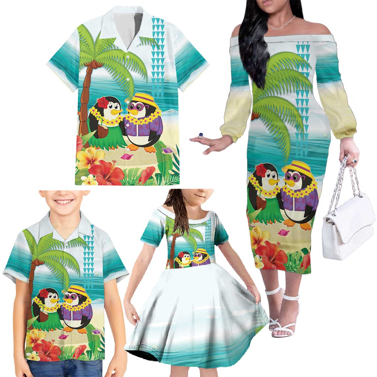 Hawaii Penguin Couple Family Matching Off The Shoulder Long Sleeve Dress and Hawaiian Shirt Hawaiian Kakau - Tropical Summer Vibes