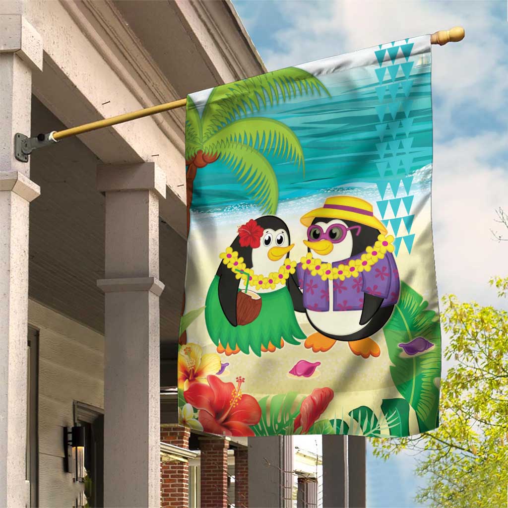 Hawaii Penguin Couple Garden Flag Hawaiian Kakau - Tropical Summer Vibes LT14 House Flag Cyan - Polynesian Pride