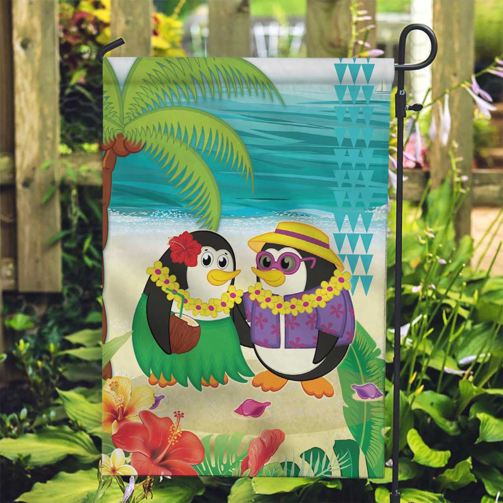 Hawaii Penguin Couple Garden Flag Hawaiian Kakau - Tropical Summer Vibes LT14 Garden Flag Cyan - Polynesian Pride