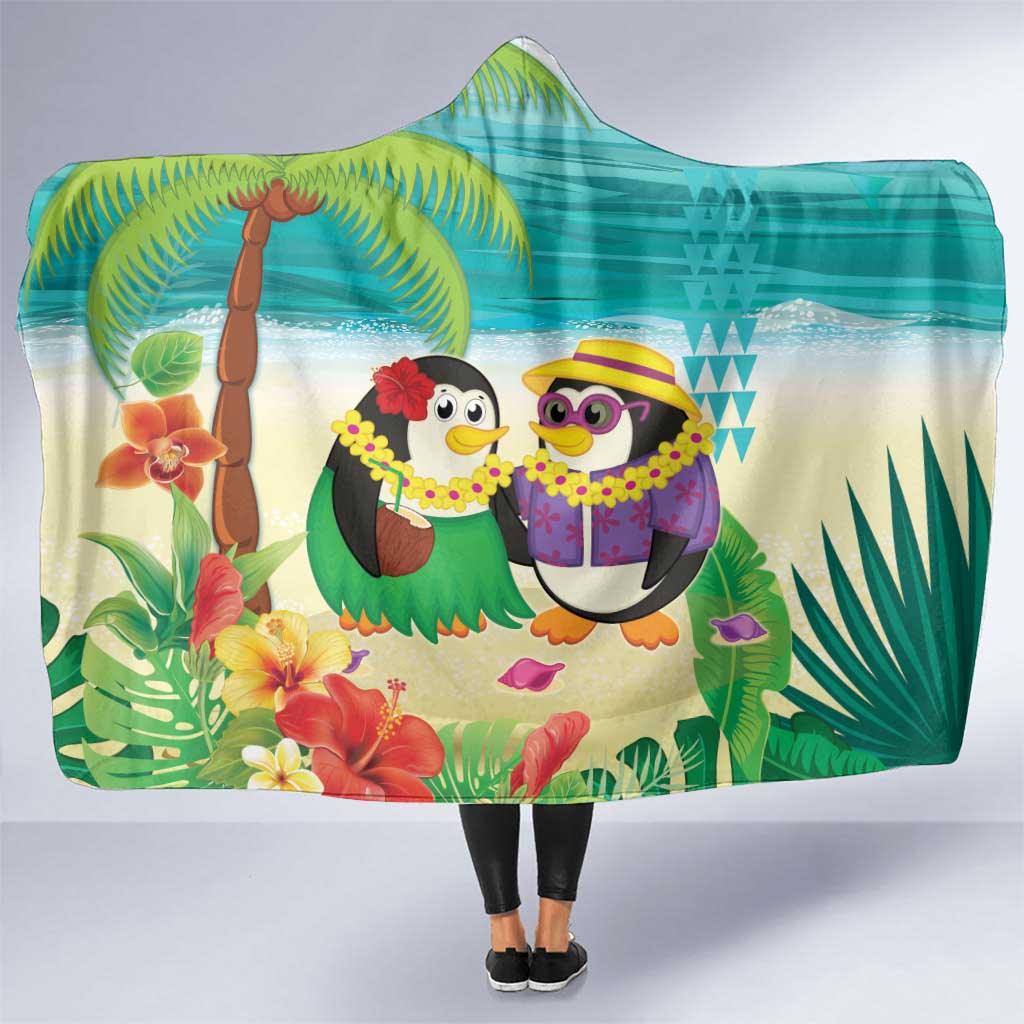 Hawaii Penguin Couple Hooded Blanket Hawaiian Kakau - Tropical Summer Vibes LT14 One Size Cyan - Polynesian Pride