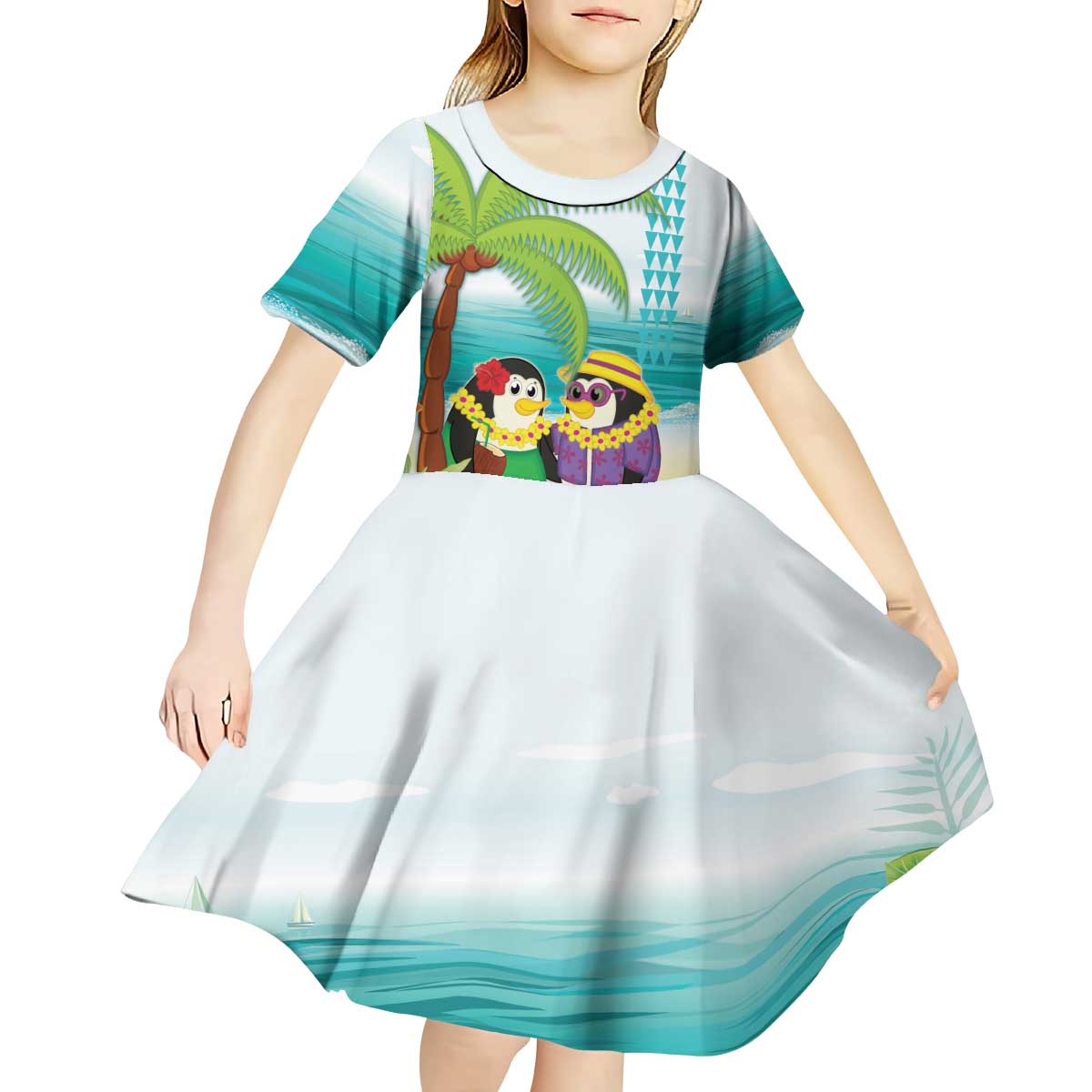 Hawaii Penguin Couple Kid Short Sleeve Dress Hawaiian Kakau - Tropical Summer Vibes