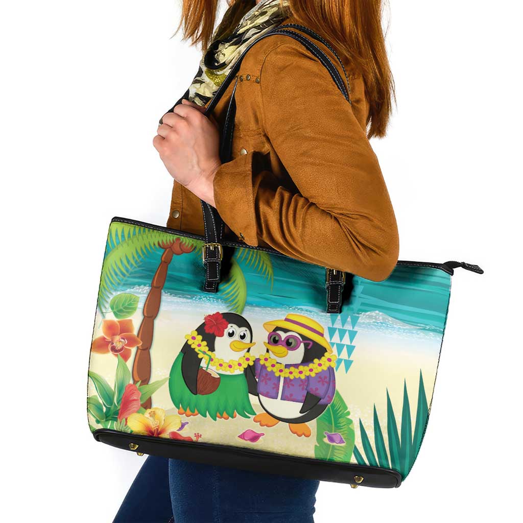 Hawaii Penguin Couple Leather Tote Bag Hawaiian Kakau - Tropical Summer Vibes LT14 Cyan - Polynesian Pride