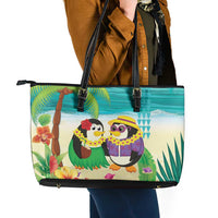 Hawaii Penguin Couple Leather Tote Bag Hawaiian Kakau - Tropical Summer Vibes LT14 - Polynesian Pride