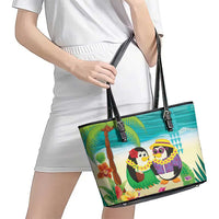 Hawaii Penguin Couple Leather Tote Bag Hawaiian Kakau - Tropical Summer Vibes LT14 - Polynesian Pride