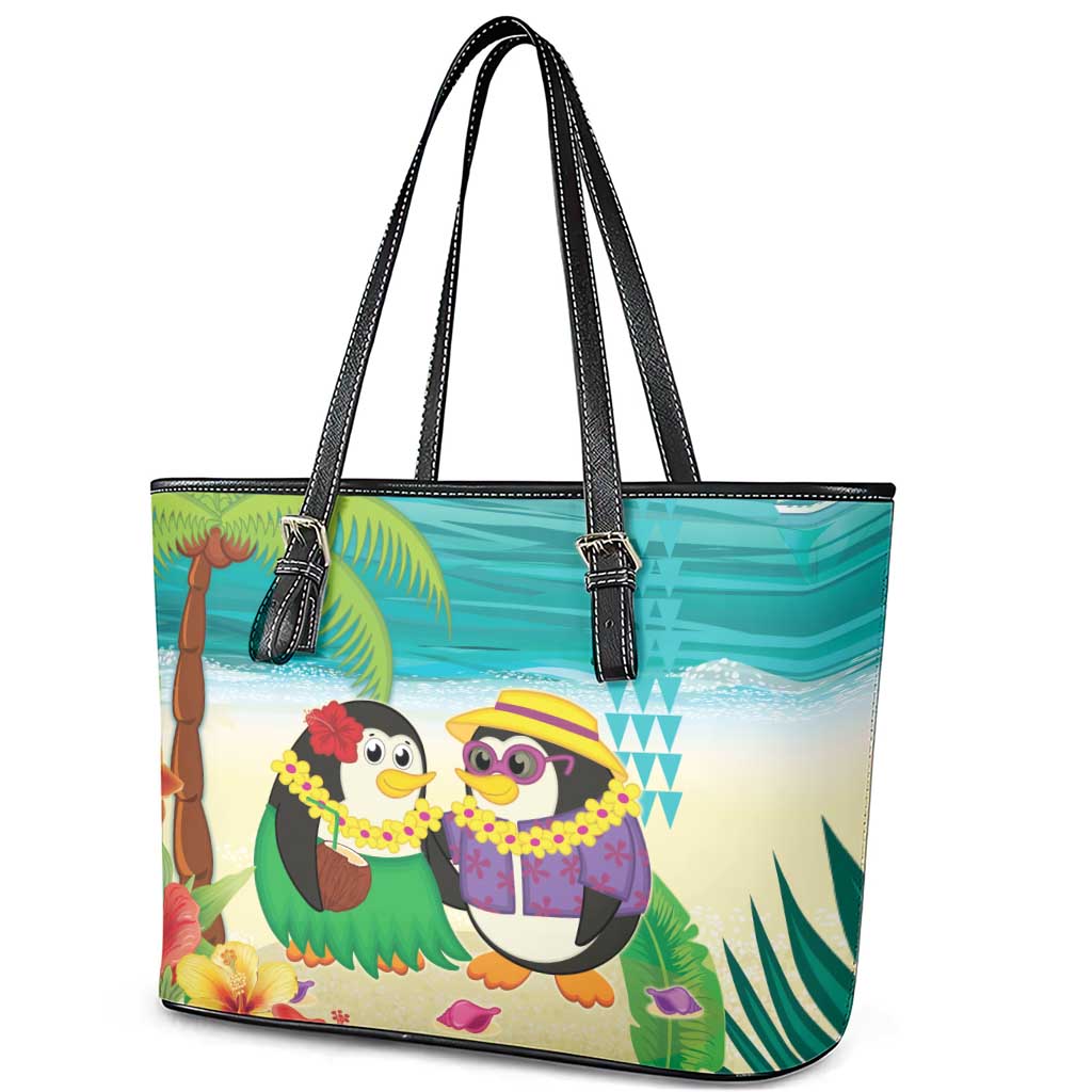 Hawaii Penguin Couple Leather Tote Bag Hawaiian Kakau - Tropical Summer Vibes LT14 - Polynesian Pride
