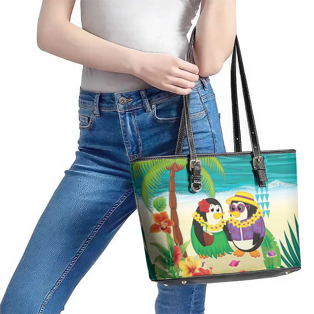 Hawaii Penguin Couple Leather Tote Bag Hawaiian Kakau - Tropical Summer Vibes LT14 - Polynesian Pride