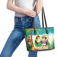 Hawaii Penguin Couple Leather Tote Bag Hawaiian Kakau - Tropical Summer Vibes LT14 - Polynesian Pride