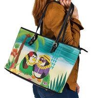 Hawaii Penguin Couple Leather Tote Bag Hawaiian Kakau - Tropical Summer Vibes LT14 - Polynesian Pride