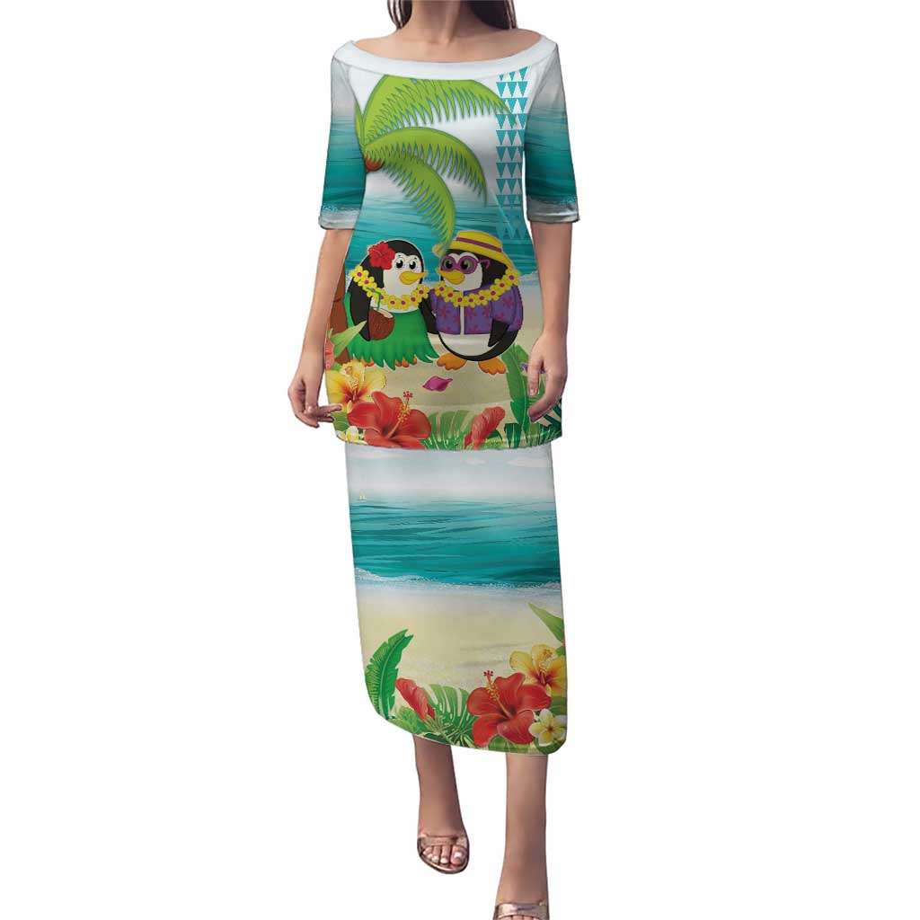Hawaii Penguin Couple Puletasi Hawaiian Kakau - Tropical Summer Vibes LT14 Long Dress Cyan - Polynesian Pride