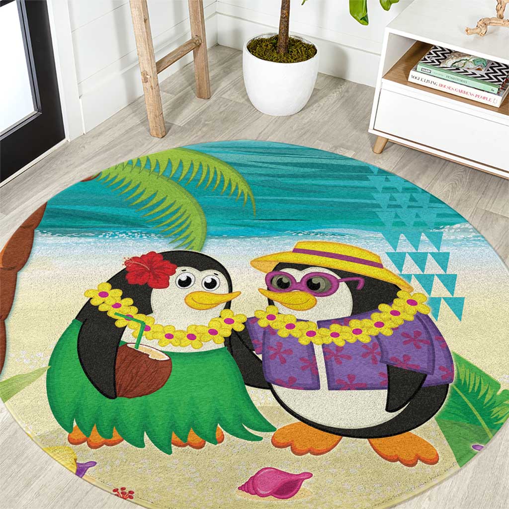 Hawaii Penguin Couple Round Carpet Hawaiian Kakau - Tropical Summer Vibes