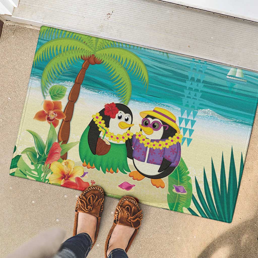 Hawaii Penguin Couple Rubber Doormat Hawaiian Kakau - Tropical Summer Vibes LT14 - Polynesian Pride