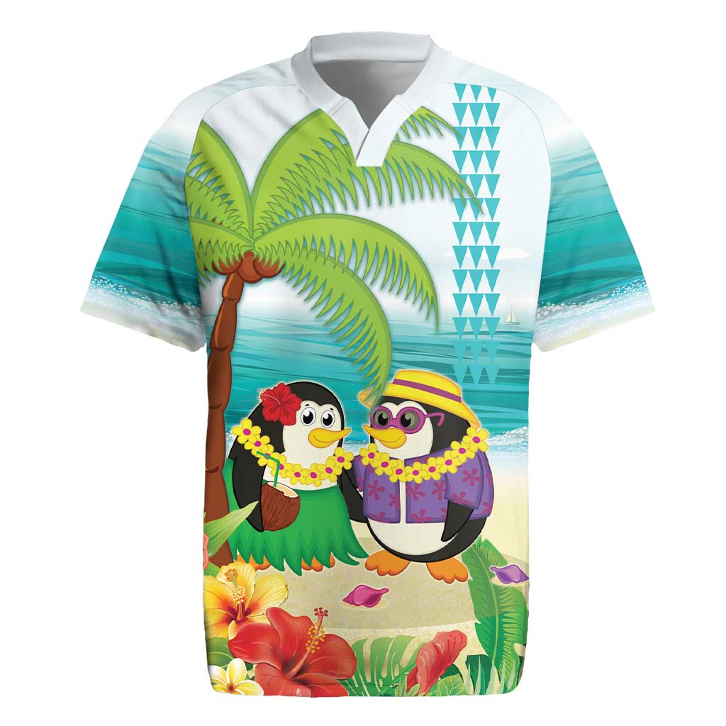 Hawaii Penguin Couple Rugby Jersey Hawaiian Kakau - Tropical Summer Vibes LT14 Cyan - Polynesian Pride