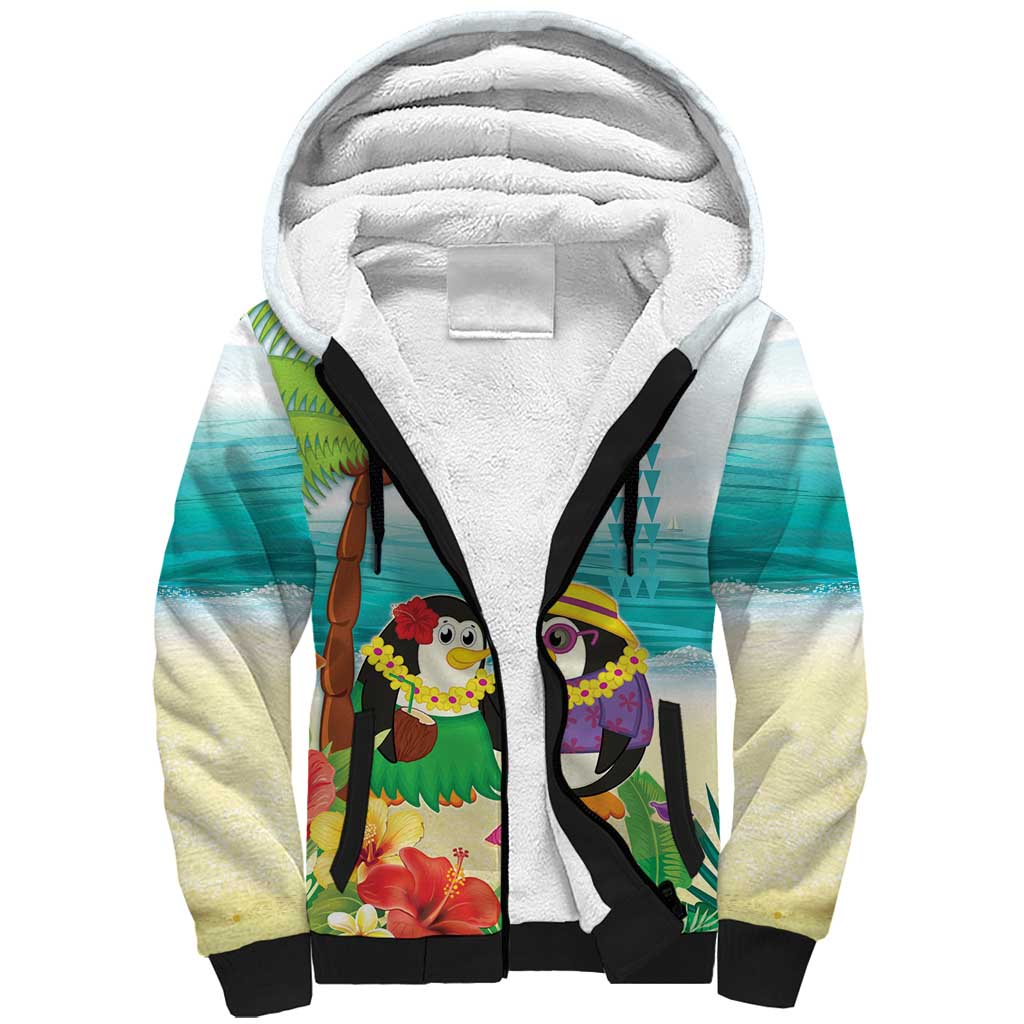 Hawaii Penguin Couple Sherpa Hoodie Hawaiian Kakau - Tropical Summer Vibes LT14 Unisex Cyan - Polynesian Pride
