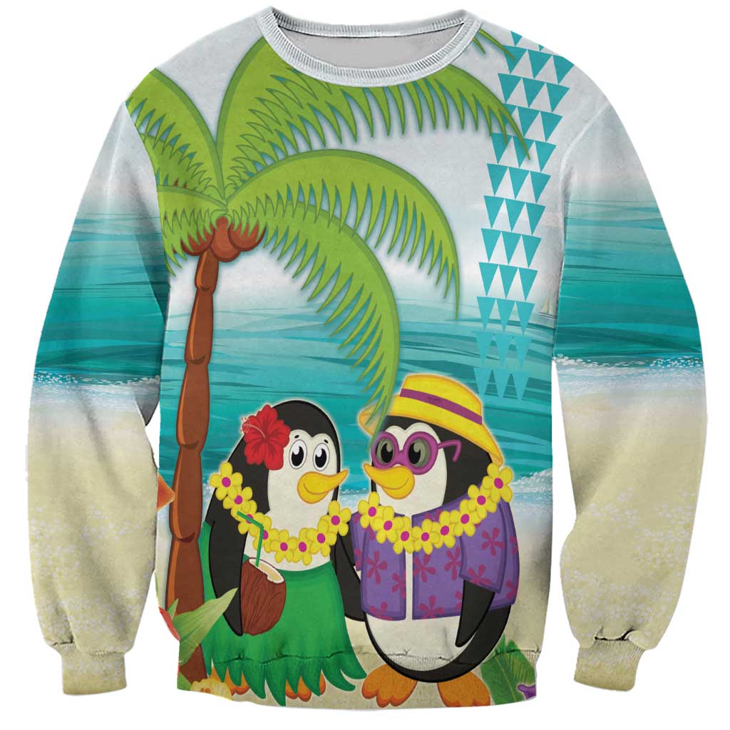 Hawaii Penguin Couple Sweatshirt Hawaiian Kakau - Tropical Summer Vibes LT14 Unisex Cyan - Polynesian Pride