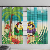 Hawaii Penguin Couple Window Curtain Hawaiian Kakau - Tropical Summer Vibes LT14 With Hooks Cyan - Polynesian Pride