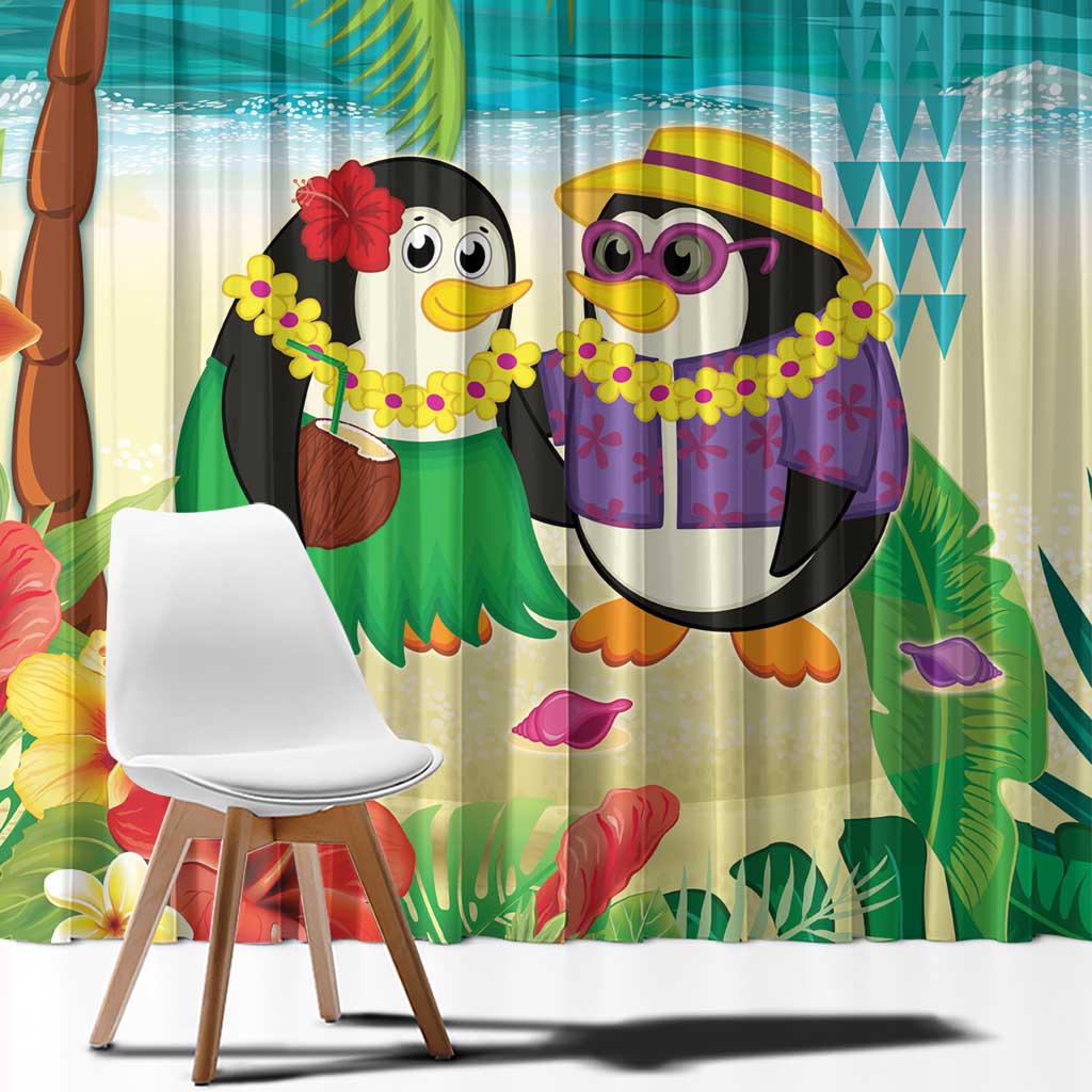 Hawaii Penguin Couple Window Curtain Hawaiian Kakau - Tropical Summer Vibes LT14 - Polynesian Pride