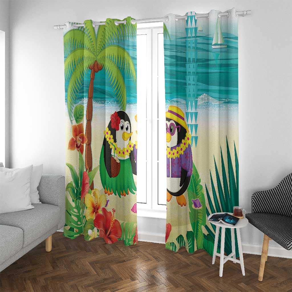 Hawaii Penguin Couple Window Curtain Hawaiian Kakau - Tropical Summer Vibes LT14 With Grommets Cyan - Polynesian Pride