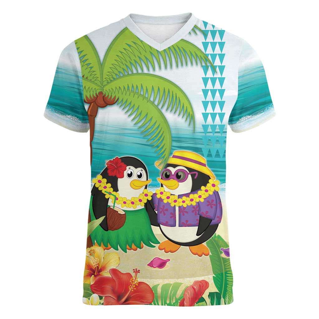 Hawaii Penguin Couple Women V-Neck T-Shirt Hawaiian Kakau - Tropical Summer Vibes LT14 Female Cyan - Polynesian Pride
