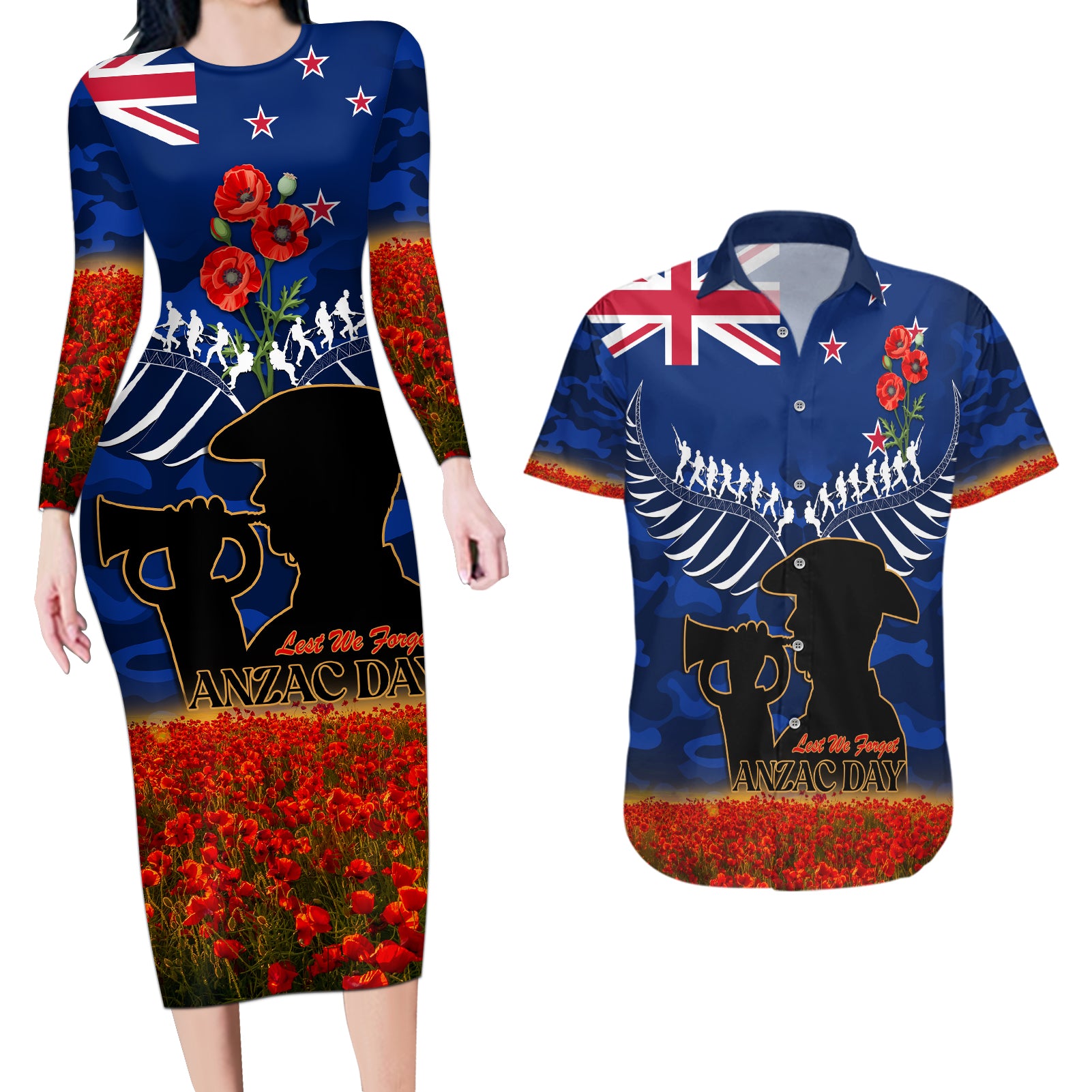 New Zealand ANZAC Day Couples Matching Long Sleeve Bodycon Dress and Hawaiian Shirt 25 April Last Post Camouflage With Poppies LT14 Blue - Polynesian Pride