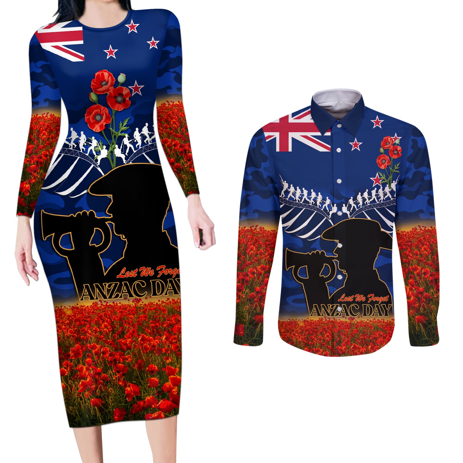 New Zealand ANZAC Day Couples Matching Long Sleeve Bodycon Dress and Long Sleeve Button Shirt 25 April Last Post Camouflage With Poppies LT14 Blue - Polynesian Pride