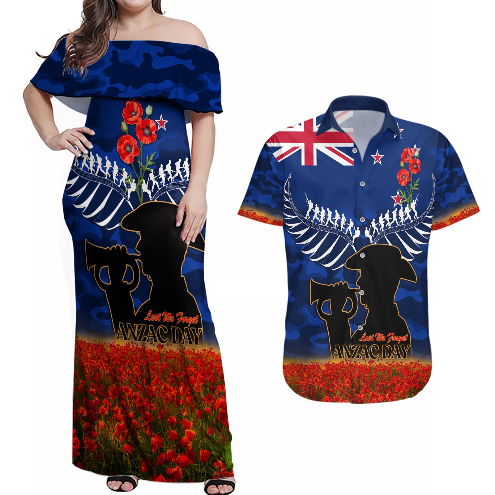 New Zealand ANZAC Day Couples Matching Off Shoulder Maxi Dress and Hawaiian Shirt 25 April Last Post Camouflage With Poppies LT14 Blue - Polynesian Pride