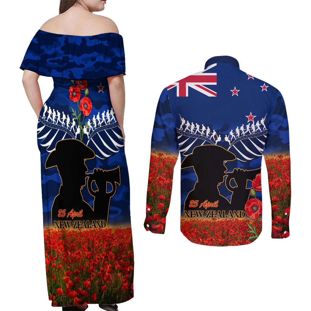 New Zealand ANZAC Day Couples Matching Off Shoulder Maxi Dress and Long Sleeve Button Shirt 25 April Last Post Camouflage With Poppies LT14 - Polynesian Pride