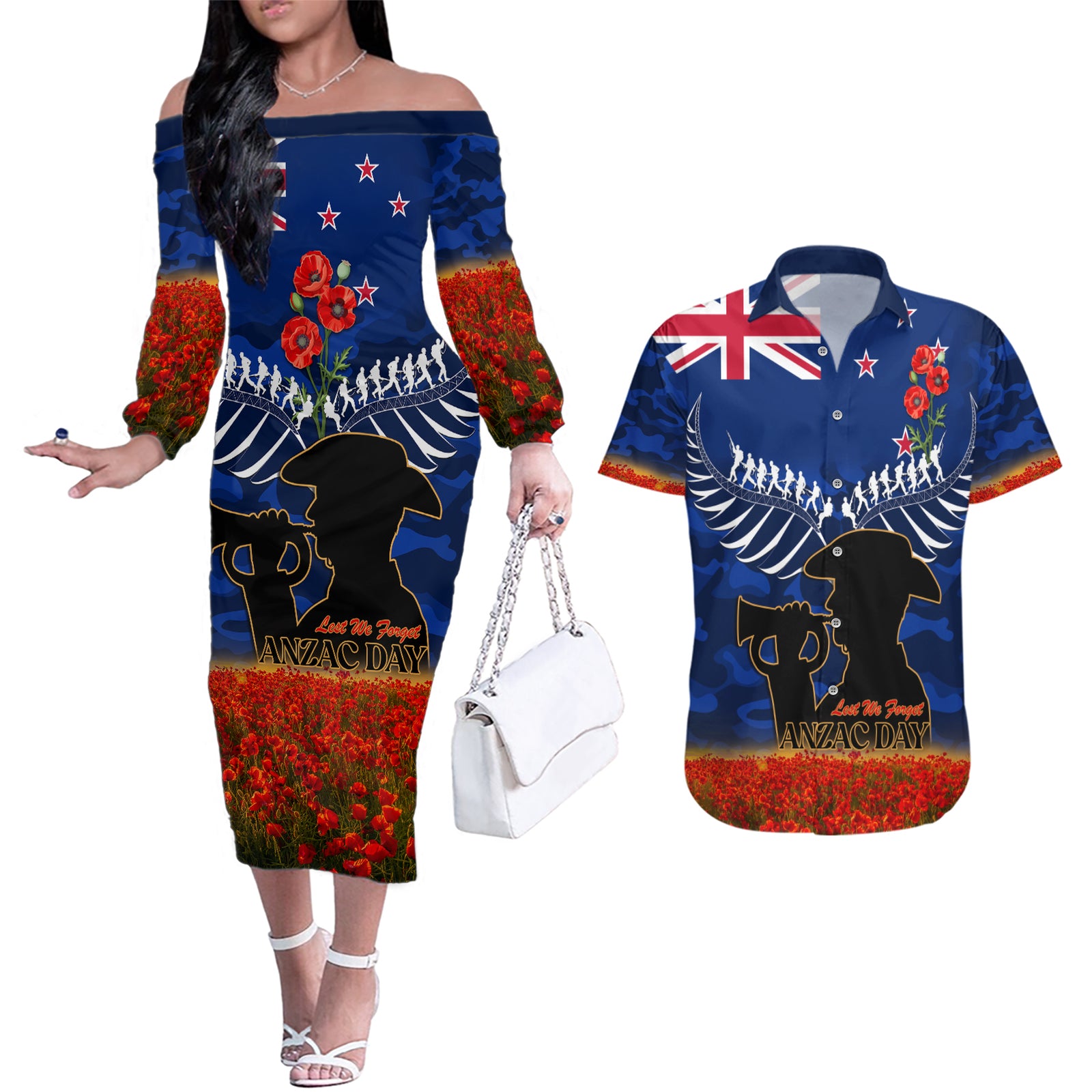 New Zealand ANZAC Day Couples Matching Off The Shoulder Long Sleeve Dress and Hawaiian Shirt 25 April Last Post Camouflage With Poppies LT14 Blue - Polynesian Pride