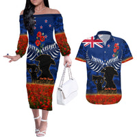 New Zealand ANZAC Day Couples Matching Off The Shoulder Long Sleeve Dress and Hawaiian Shirt 25 April Last Post Camouflage With Poppies LT14 Blue - Polynesian Pride