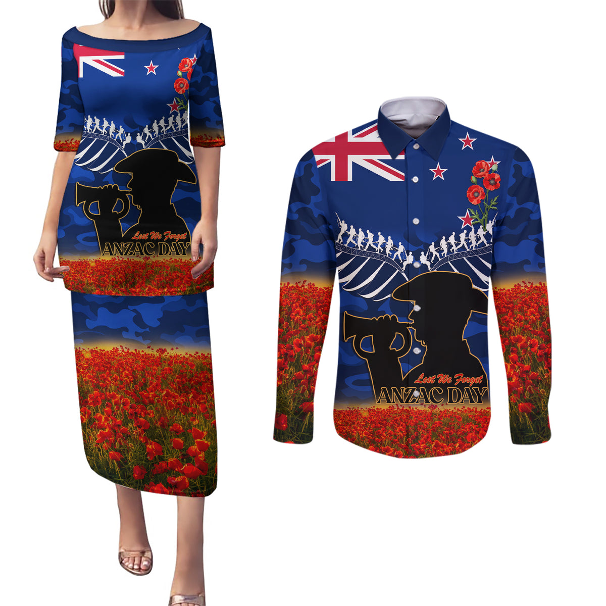 New Zealand ANZAC Day Couples Matching Puletasi and Long Sleeve Button Shirt 25 April Last Post Camouflage With Poppies LT14 Blue - Polynesian Pride