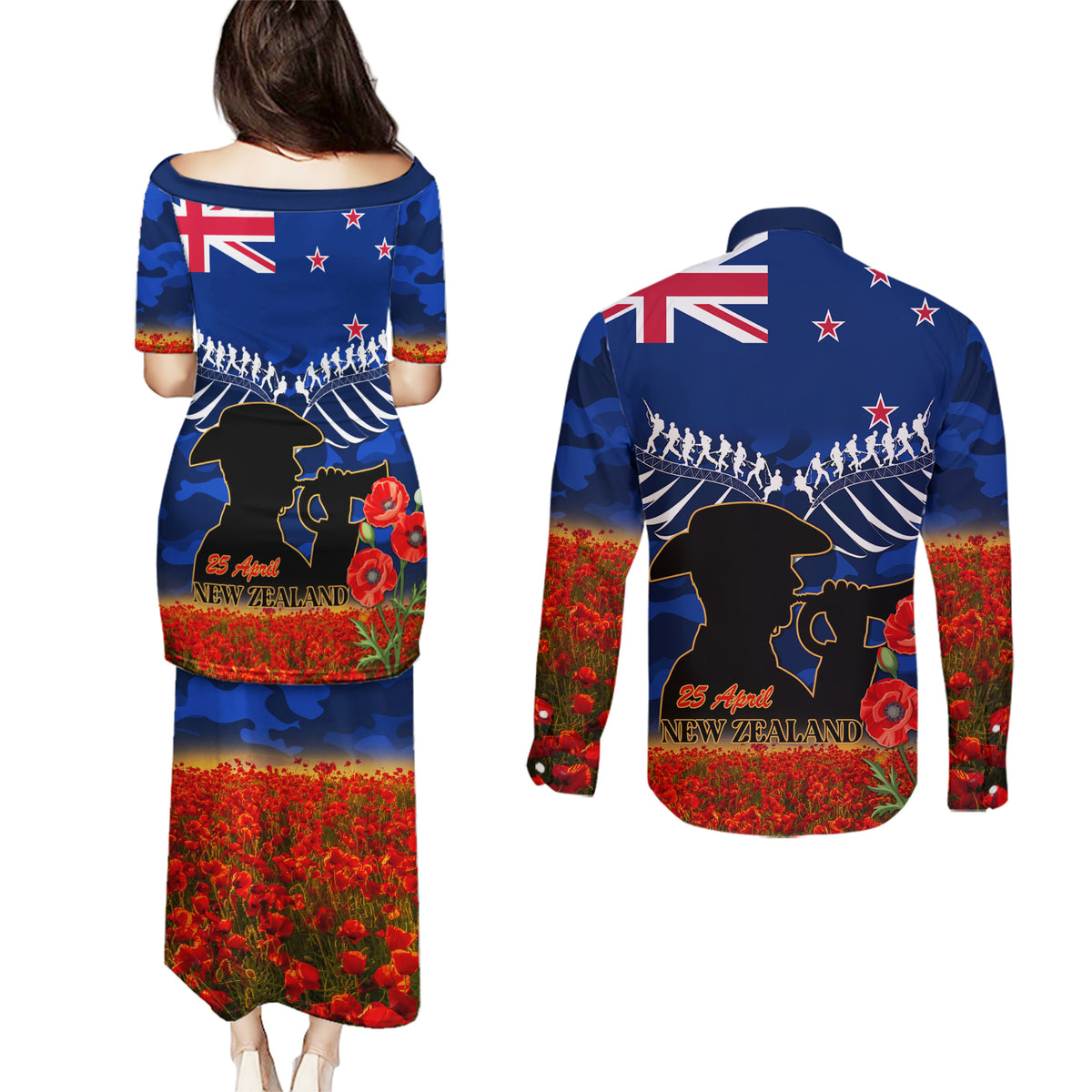 New Zealand ANZAC Day Couples Matching Puletasi and Long Sleeve Button Shirt 25 April Last Post Camouflage With Poppies LT14 - Polynesian Pride