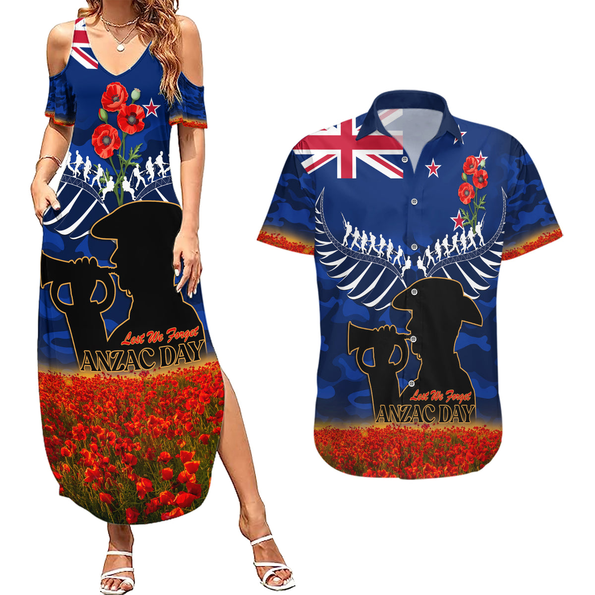 New Zealand ANZAC Day Couples Matching Summer Maxi Dress and Hawaiian Shirt 25 April Last Post Camouflage With Poppies LT14 Blue - Polynesian Pride