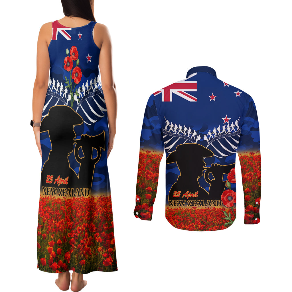 New Zealand ANZAC Day Couples Matching Tank Maxi Dress and Long Sleeve Button Shirt 25 April Last Post Camouflage With Poppies LT14 - Polynesian Pride