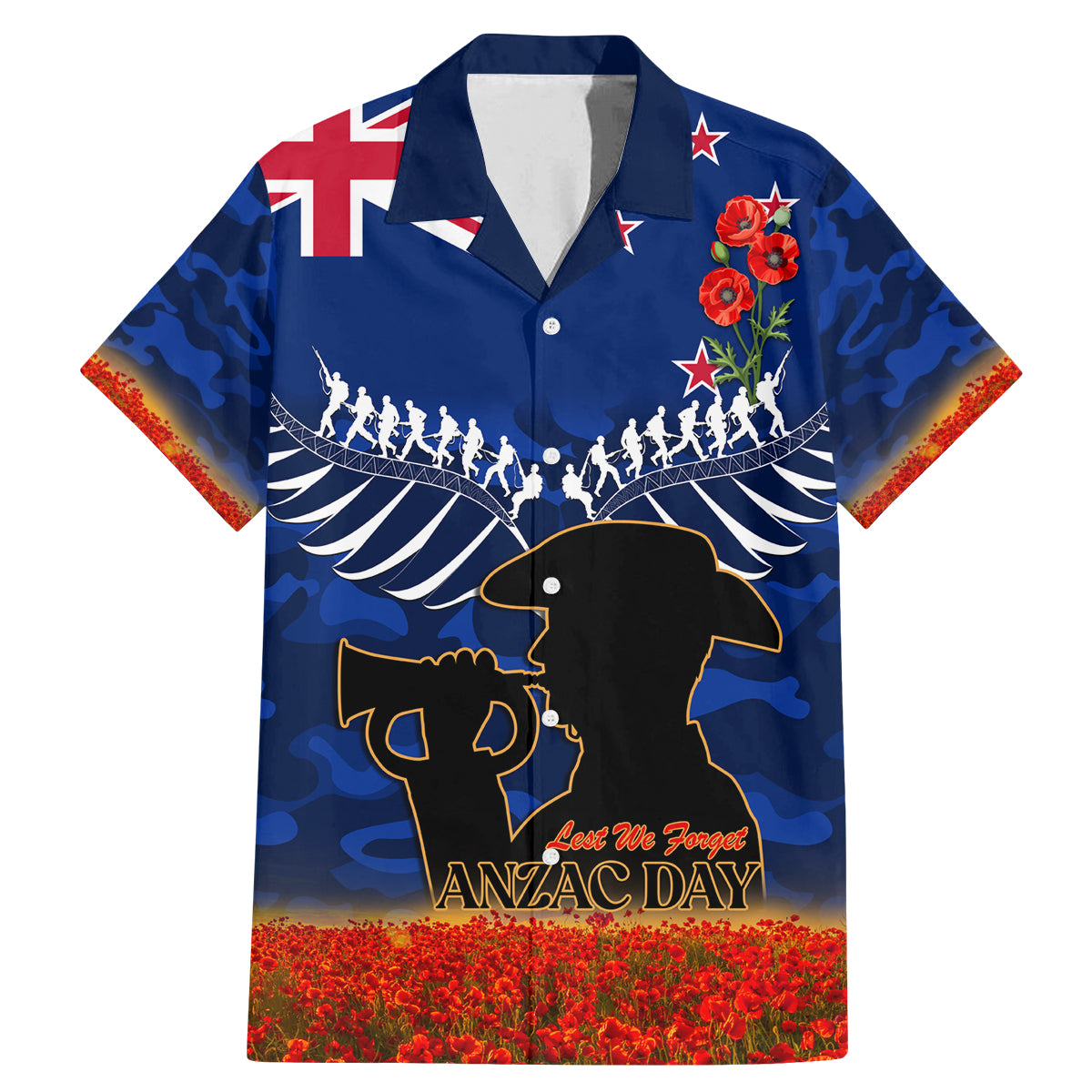 New Zealand ANZAC Day Family Matching Mermaid Dress and Hawaiian Shirt 25 April Last Post Camouflage With Poppies LT14 Dad's Shirt - Short Sleeve Blue - Polynesian Pride