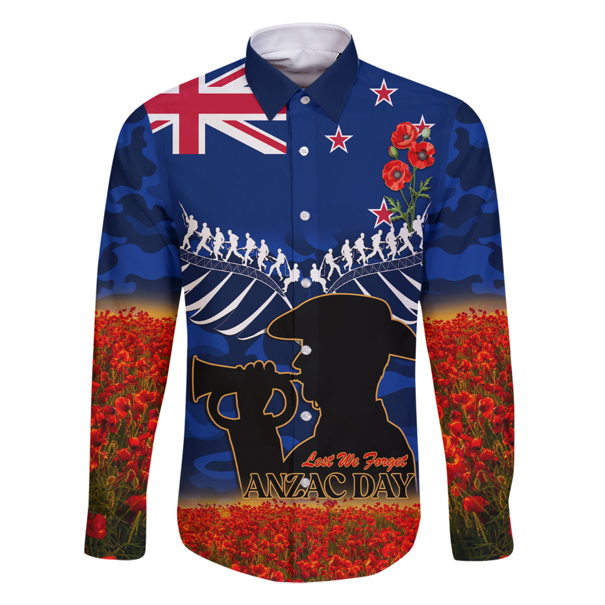 New Zealand ANZAC Day Family Matching Off Shoulder Long Sleeve Dress and Hawaiian Shirt 25 April Last Post Camouflage With Poppies LT14 Dad's Shirt - Long Sleeve Blue - Polynesian Pride