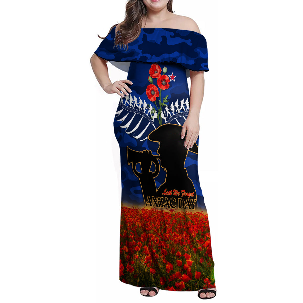 New Zealand ANZAC Day Family Matching Off Shoulder Maxi Dress and Hawaiian Shirt 25 April Last Post Camouflage With Poppies LT14 Mom's Dress Blue - Polynesian Pride