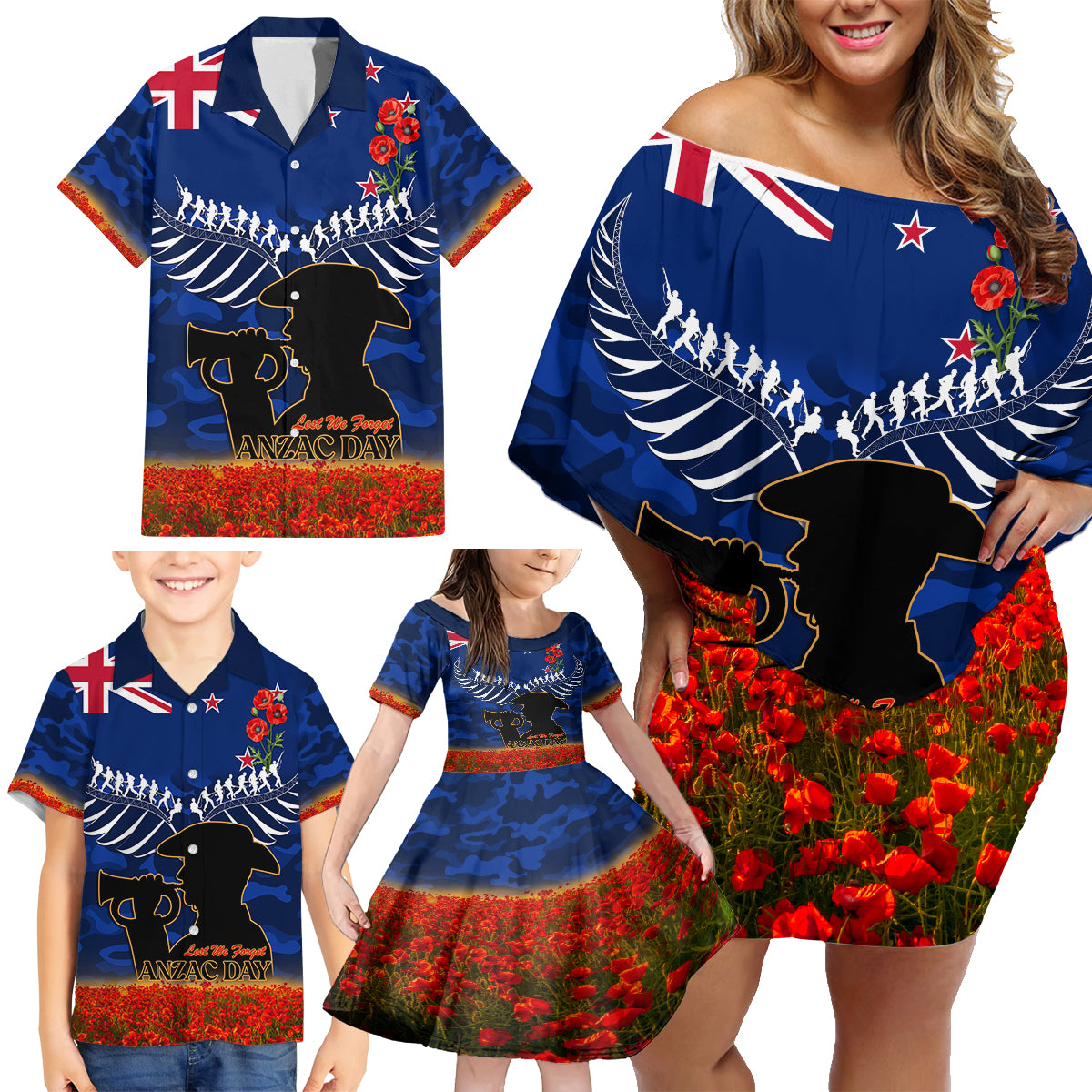 New Zealand ANZAC Day Family Matching Off Shoulder Short Dress and Hawaiian Shirt 25 April Last Post Camouflage With Poppies LT14 - Polynesian Pride