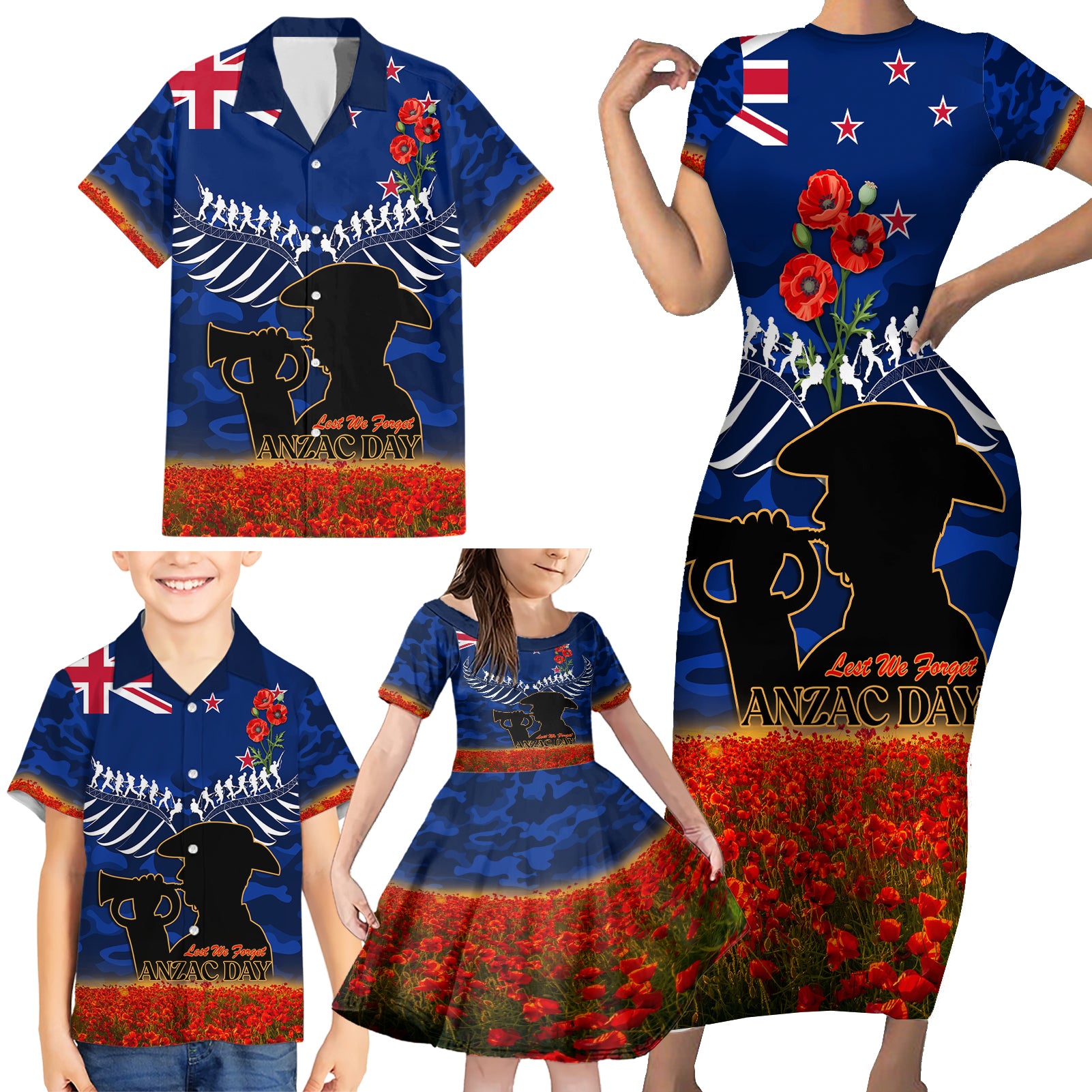 New Zealand ANZAC Day Family Matching Short Sleeve Bodycon Dress and Hawaiian Shirt 25 April Last Post Camouflage With Poppies LT14 - Polynesian Pride