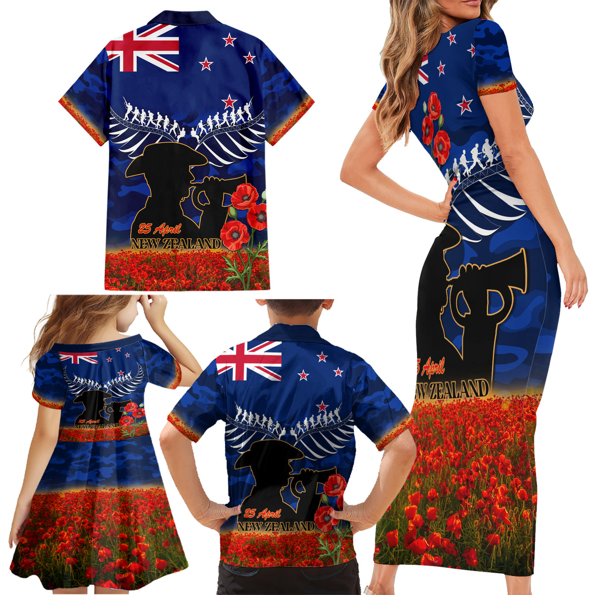 New Zealand ANZAC Day Family Matching Short Sleeve Bodycon Dress and Hawaiian Shirt 25 April Last Post Camouflage With Poppies LT14 - Polynesian Pride