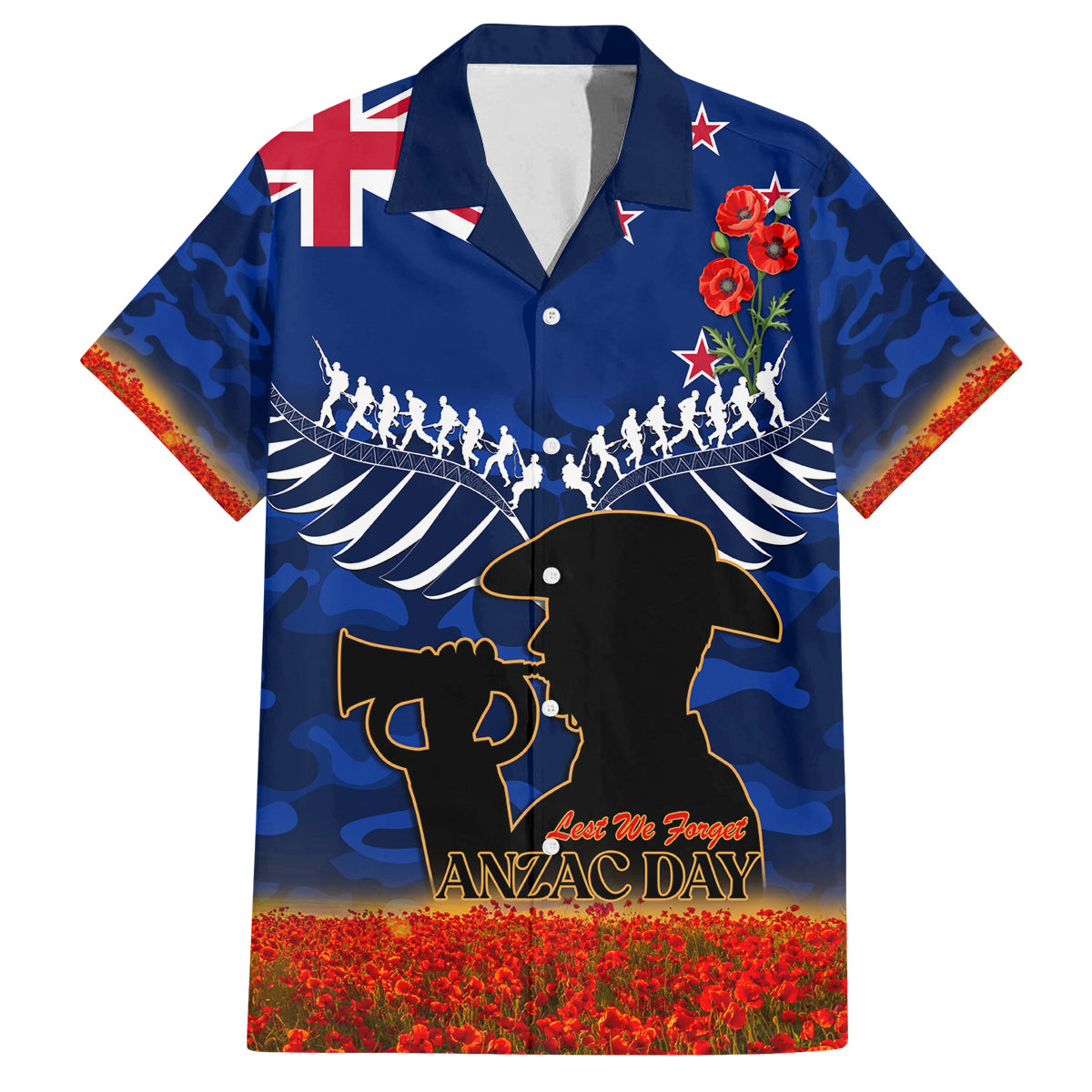 New Zealand ANZAC Day Family Matching Tank Maxi Dress and Hawaiian Shirt 25 April Last Post Camouflage With Poppies LT14 Dad's Shirt - Short Sleeve Blue - Polynesian Pride