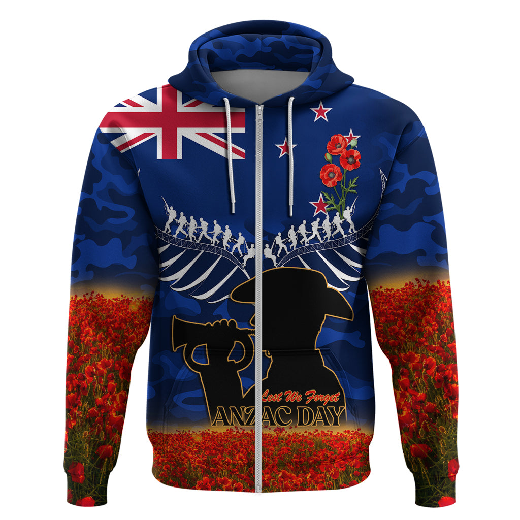 New Zealand ANZAC Day Hoodie 25 April Last Post Camouflage With Poppies LT14 Zip Hoodie Blue - Polynesian Pride