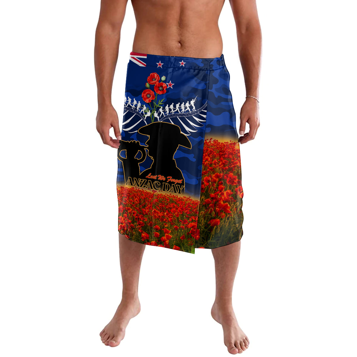 New Zealand ANZAC Day Lavalava 25 April Last Post Camouflage With Poppies LT14 Blue - Polynesian Pride