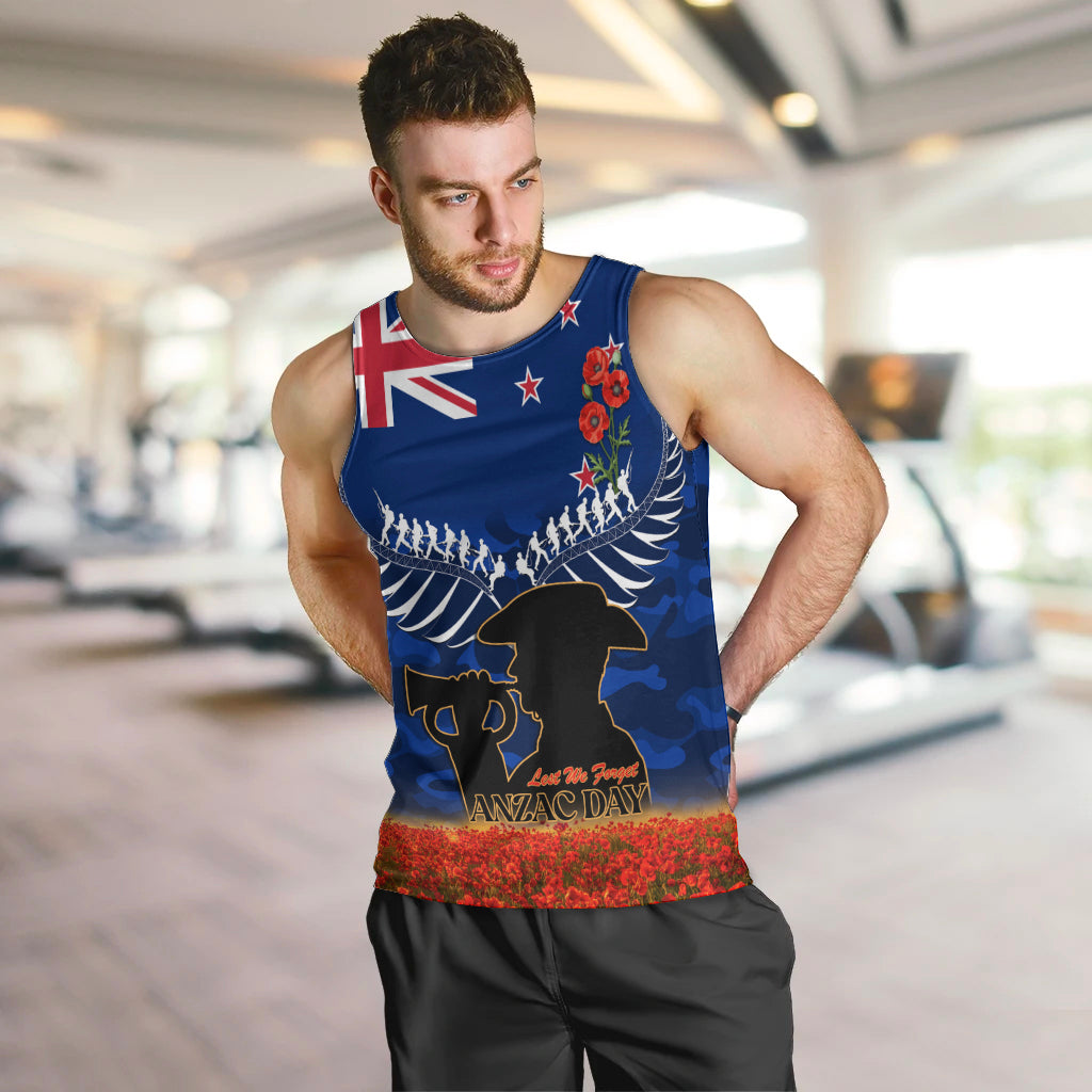 New Zealand ANZAC Day Men Tank Top 25 April Last Post Camouflage With Poppies LT14 Blue - Polynesian Pride