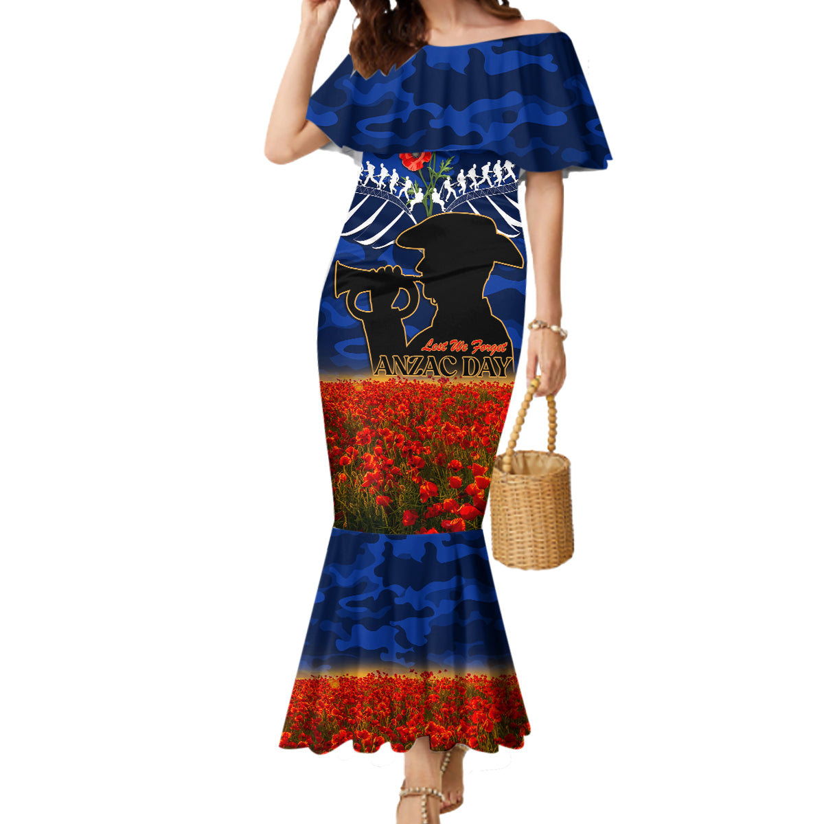 New Zealand ANZAC Day Mermaid Dress 25 April Last Post Camouflage With Poppies LT14 Women Blue - Polynesian Pride