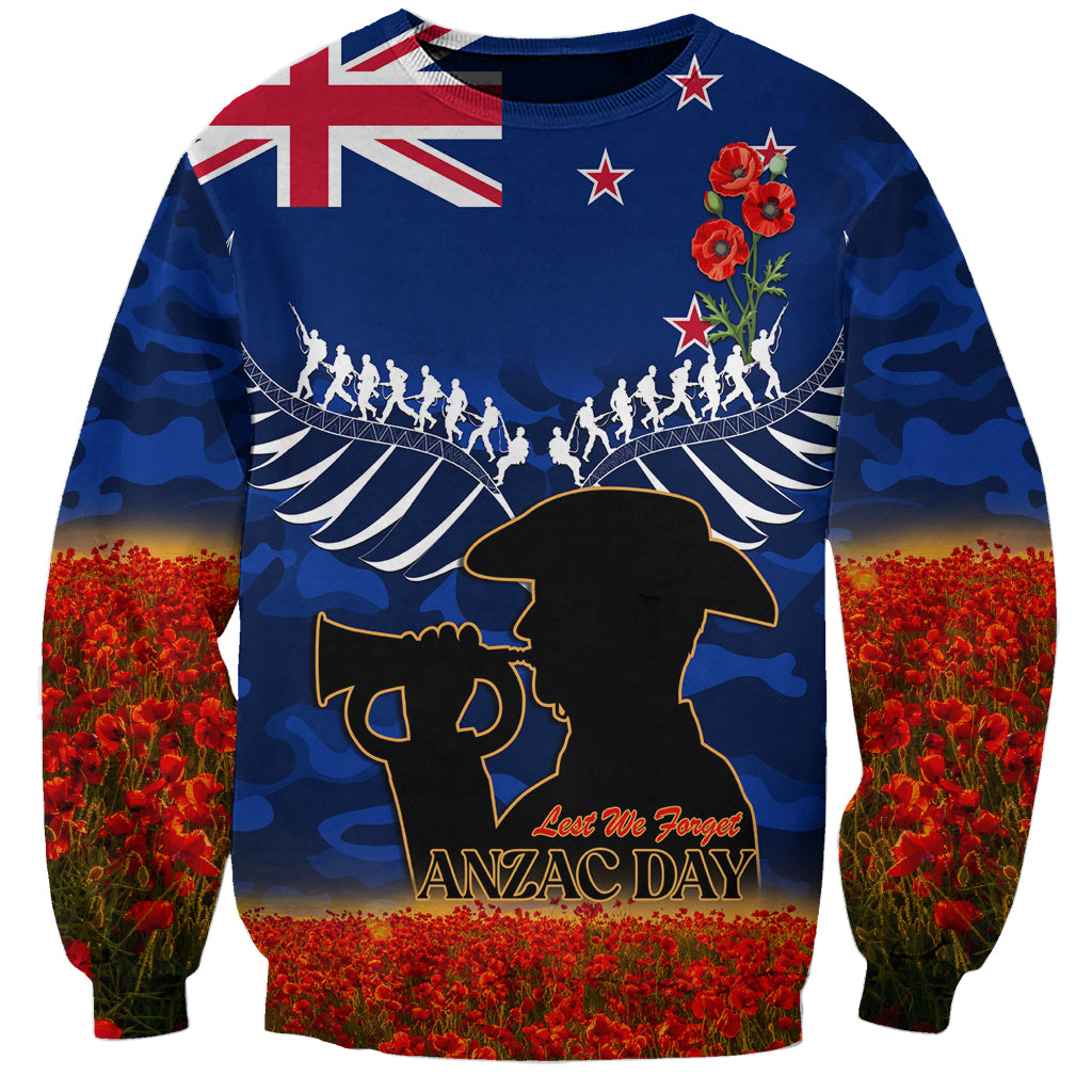 New Zealand ANZAC Day Sweatshirt 25 April Last Post Camouflage With Poppies LT14 Unisex Blue - Polynesian Pride