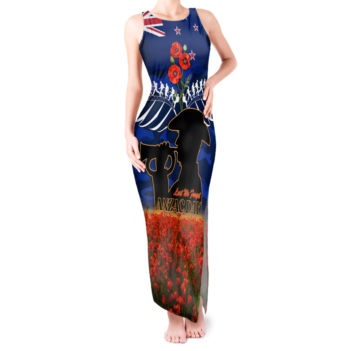 New Zealand ANZAC Day Tank Maxi Dress 25 April Last Post Camouflage With Poppies LT14 Women Blue - Polynesian Pride