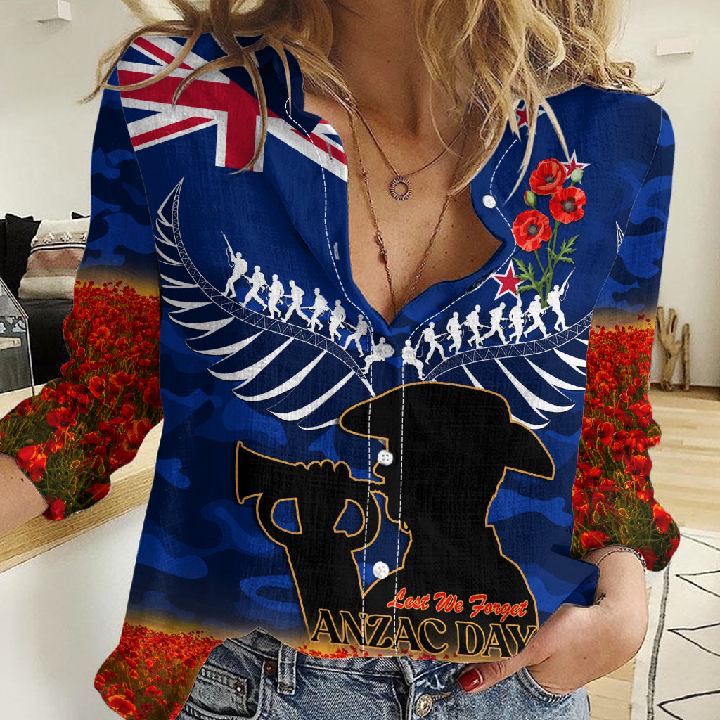 New Zealand ANZAC Day Women Casual Shirt 25 April Last Post Camouflage With Poppies LT14 Female Blue - Polynesian Pride