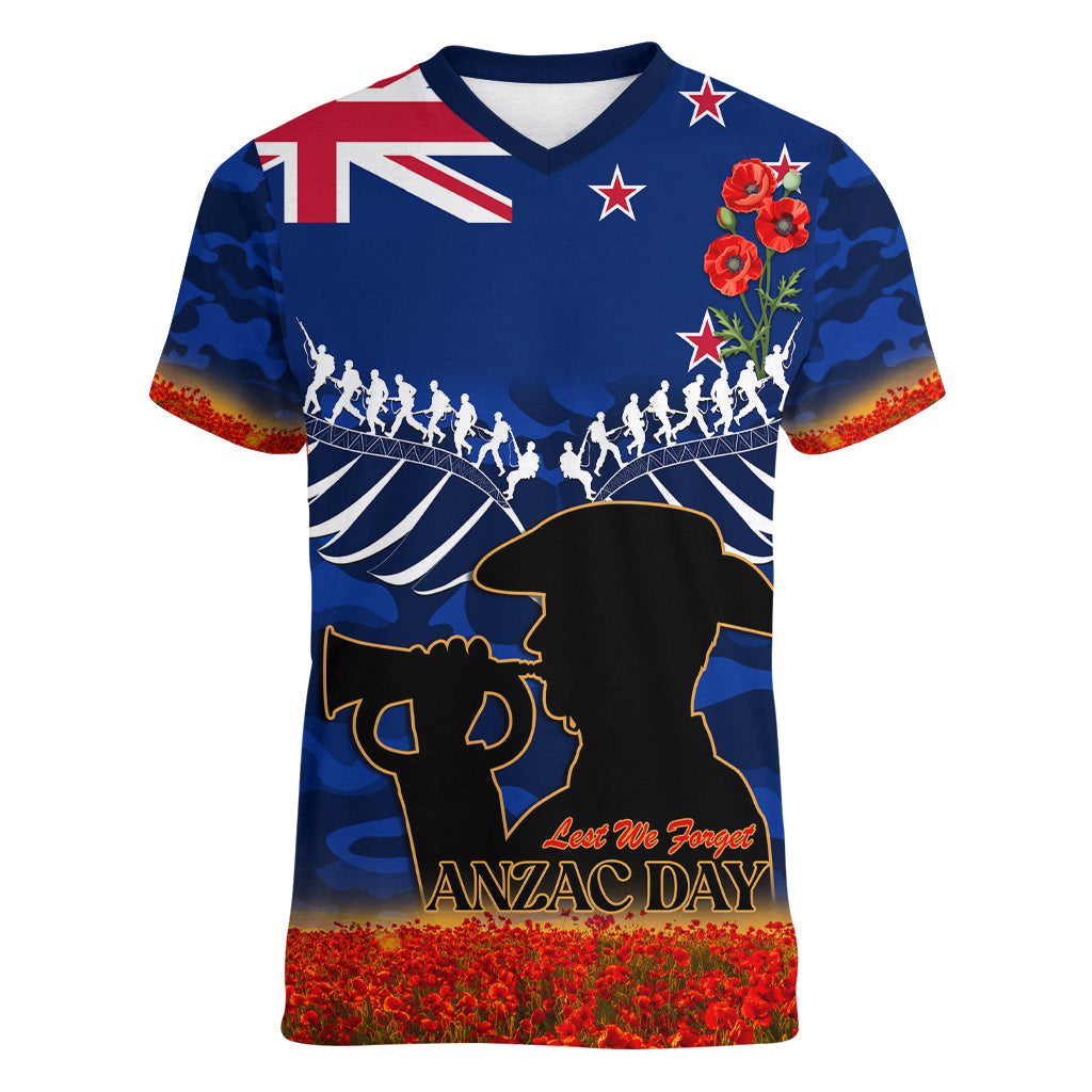 New Zealand ANZAC Day Women V Neck T Shirt 25 April Last Post Camouflage With Poppies LT14 Female Blue - Polynesian Pride