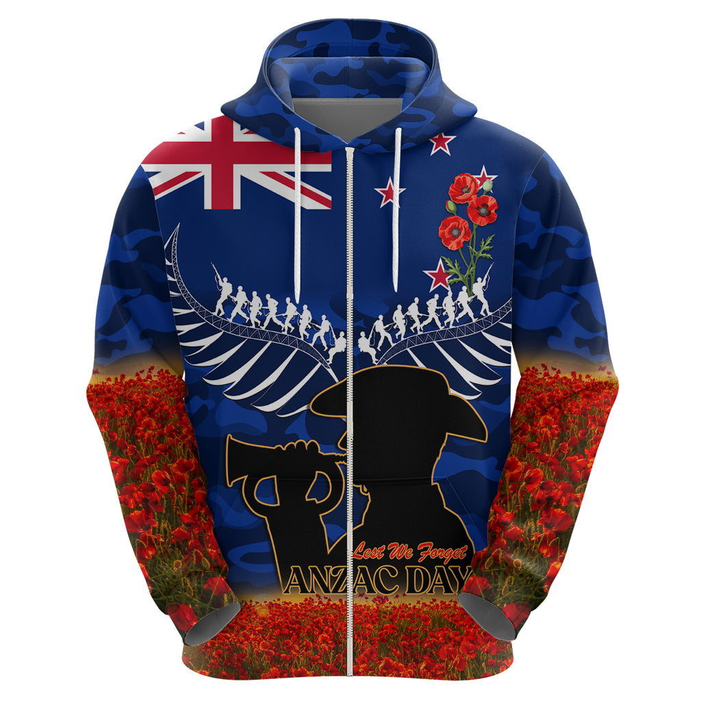 New Zealand ANZAC Day Zip Hoodie 25 April Last Post Camouflage With Poppies LT14 - Polynesian Pride