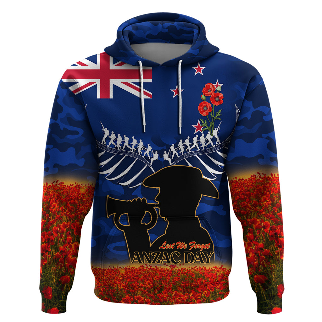 New Zealand ANZAC Day Zip Hoodie 25 April Last Post Camouflage With Poppies LT14 Pullover Hoodie Blue - Polynesian Pride