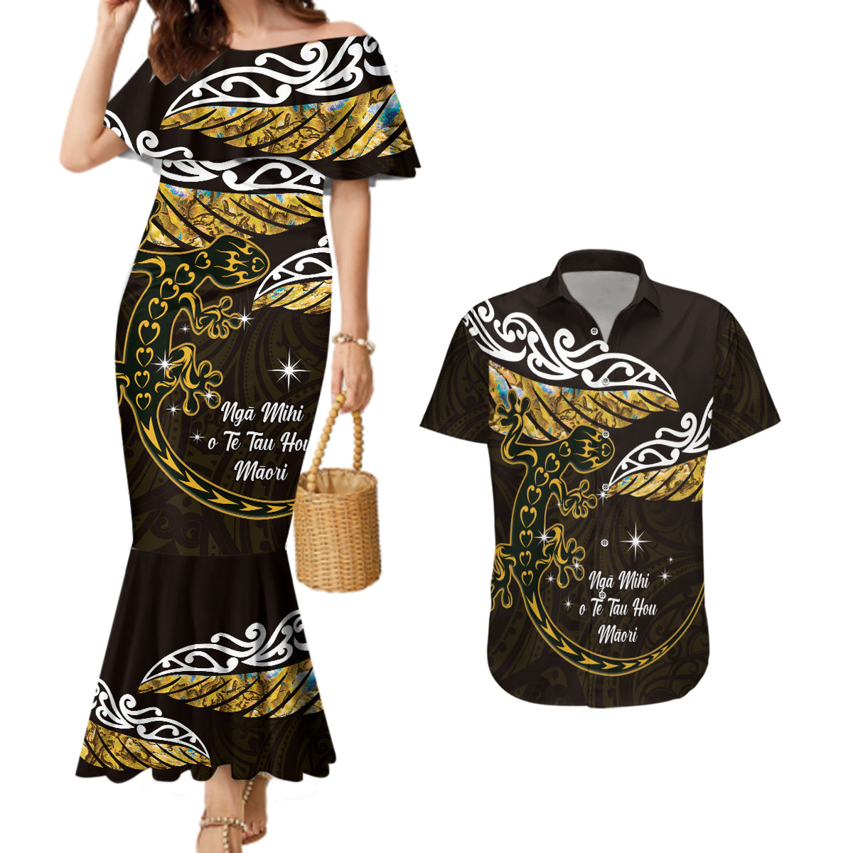 New Zealand Matariki Couples Matching Mermaid Dress and Hawaiian Shirt Maori New Year Silver Fern And Lizard - Gold